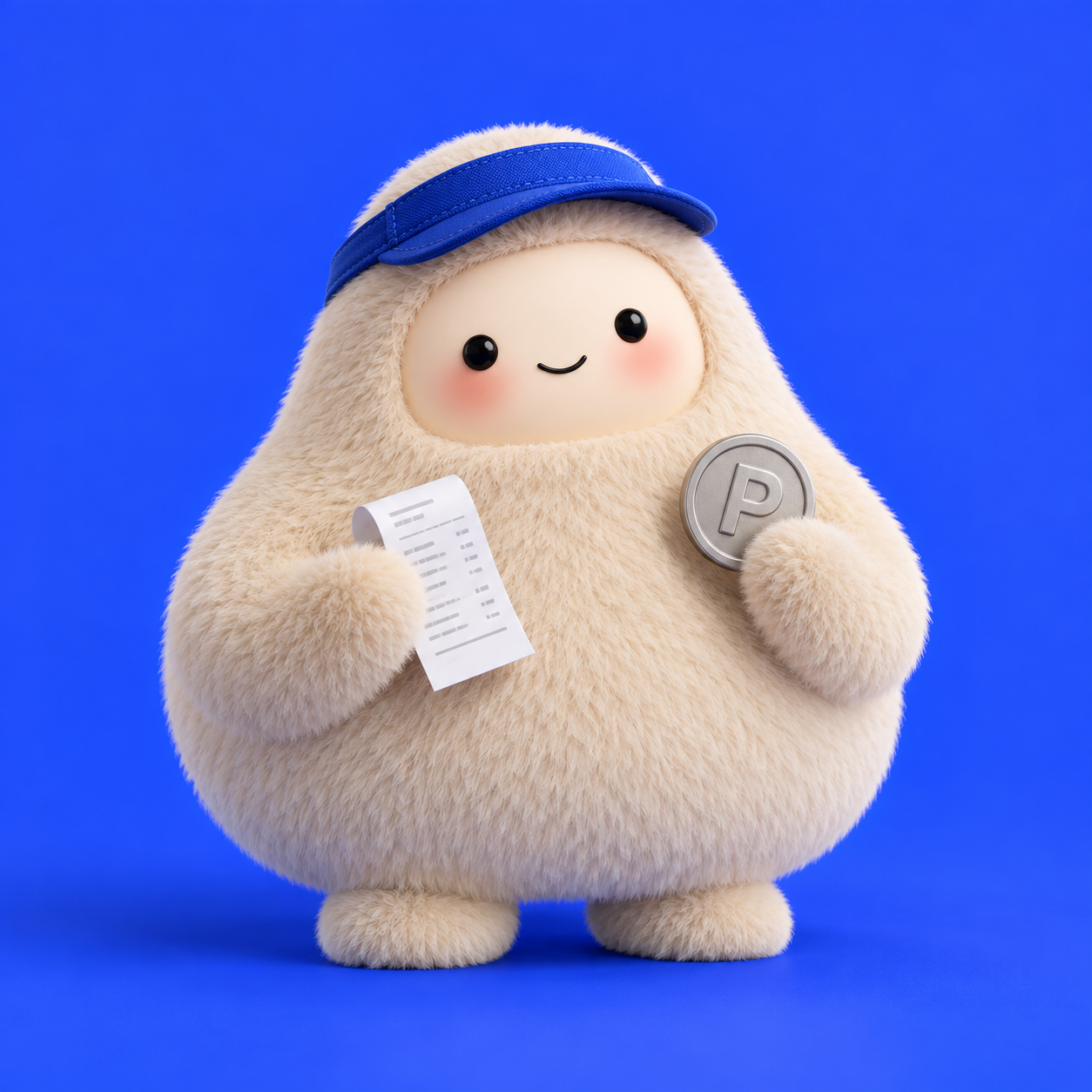 Penny, the PennyMuse cream plush wearing a little navy accountant cap and holding a payroll receipt